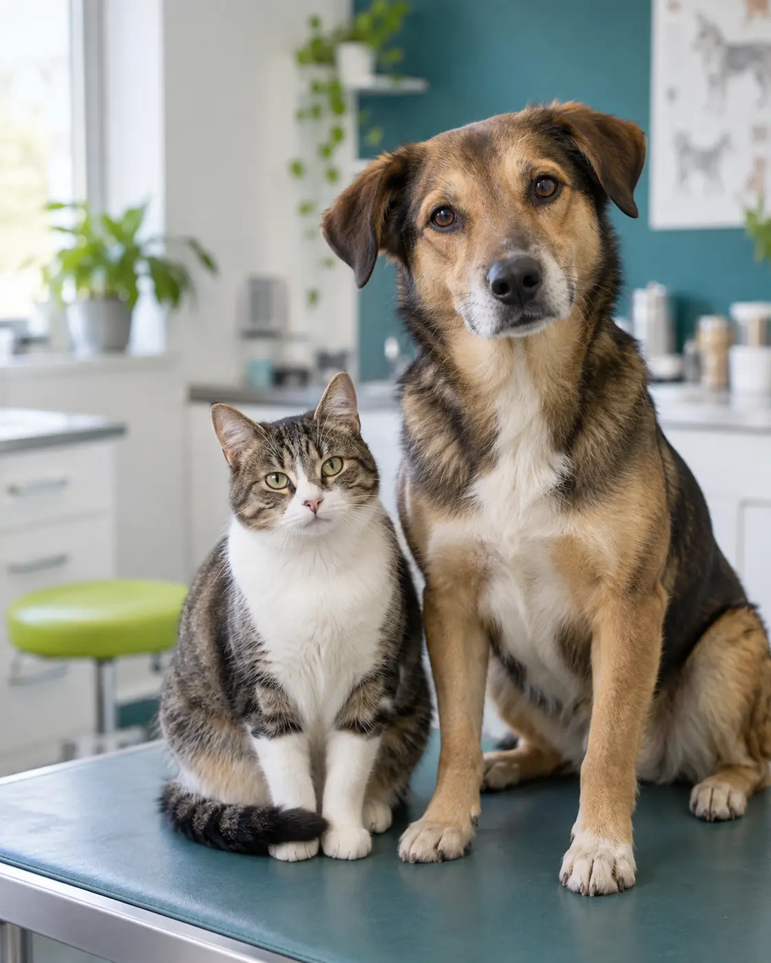 Pokojný pes a mačka vo veterinárnej ambulancii