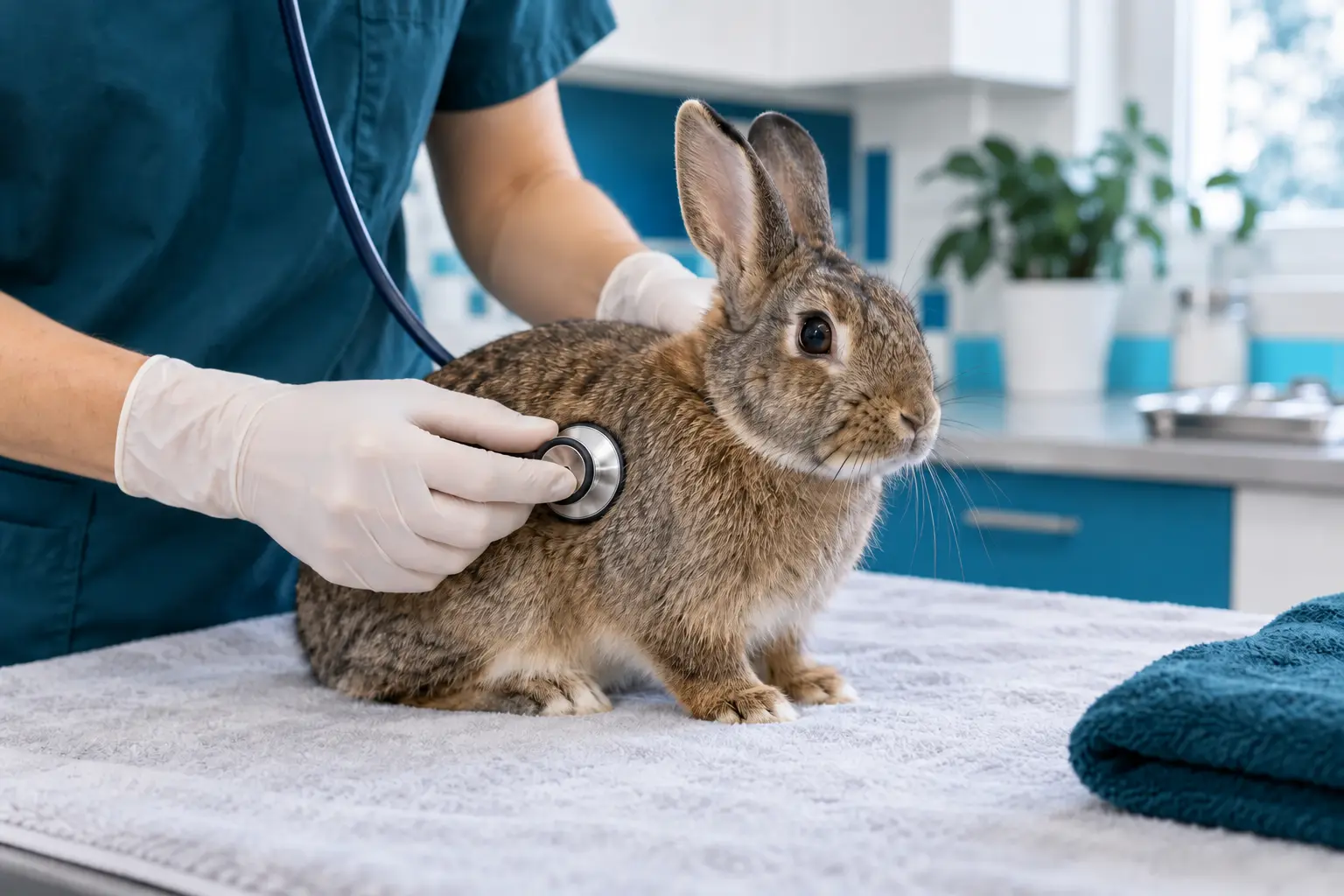 Illustrative photograph of a calm rabbit being gently examined with a stethoscope