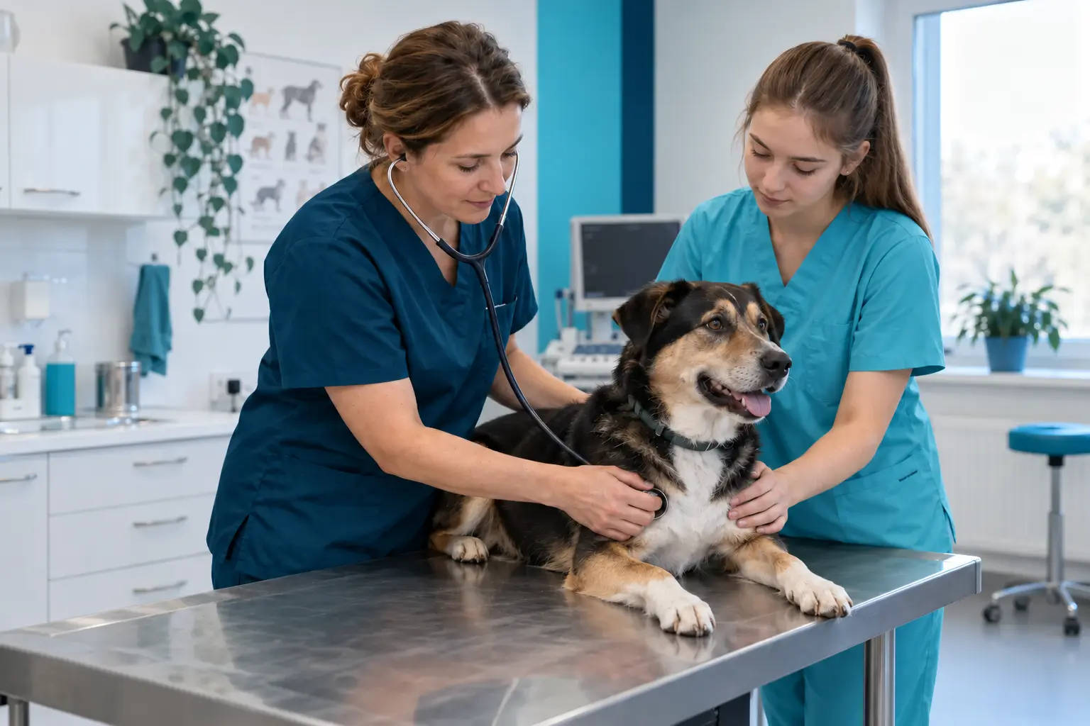 Illustrative photograph of a veterinarian, a student and a dog during an examination